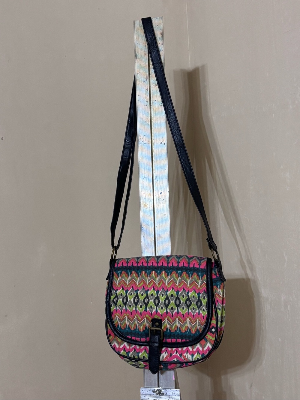 Boho Tribal Aztec Print Crossbody Saddle Bag Pink Green Black Y2K Festival Indie